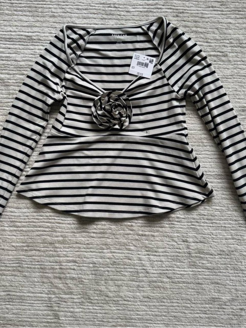 American eagle Black & White Striped Long-Sleeve Peplum Top with Rosette